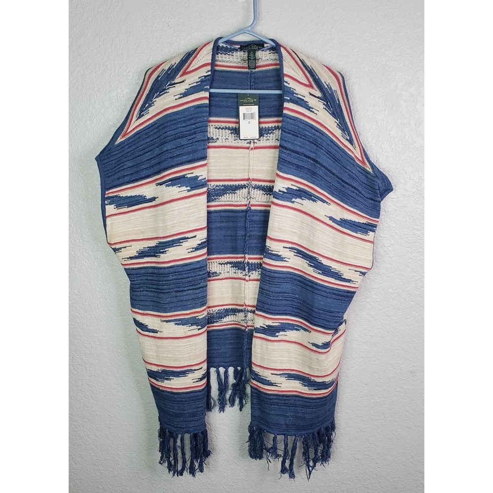 Lauren by Ralph Lauren Cardigan Sweater Womens Med Blue Fringe‎ Aztec Southwest